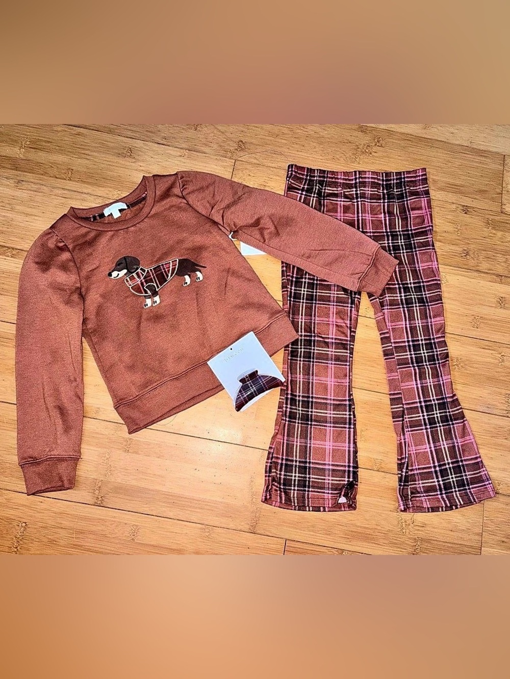 NWT Girl’s Size 6 Plaid Dog Outfit - Crewneck Top & Flare Pants Set Dachshund
